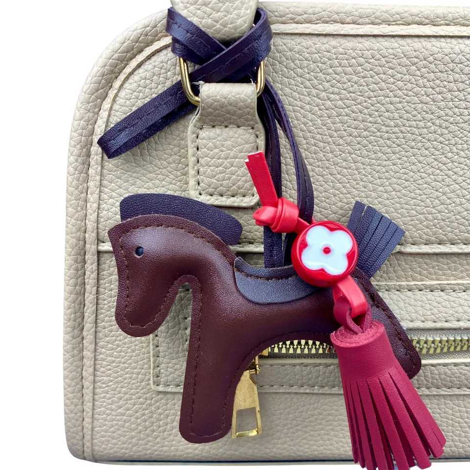 Leather Pony Bag Charm with Fringe Bead Elegant Brown Horse Keychain for Purse Tote Boho Chic Accessory-PU LeatherT251127
