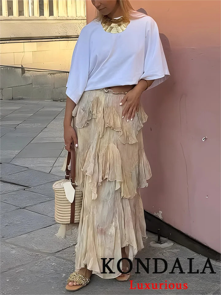 KONDALA Vintage Flower Print Long Skirts High Waist Ruffles Chiffon Skirts Fashion 2025 Autumn Boho Holiday Party Skirts 251126