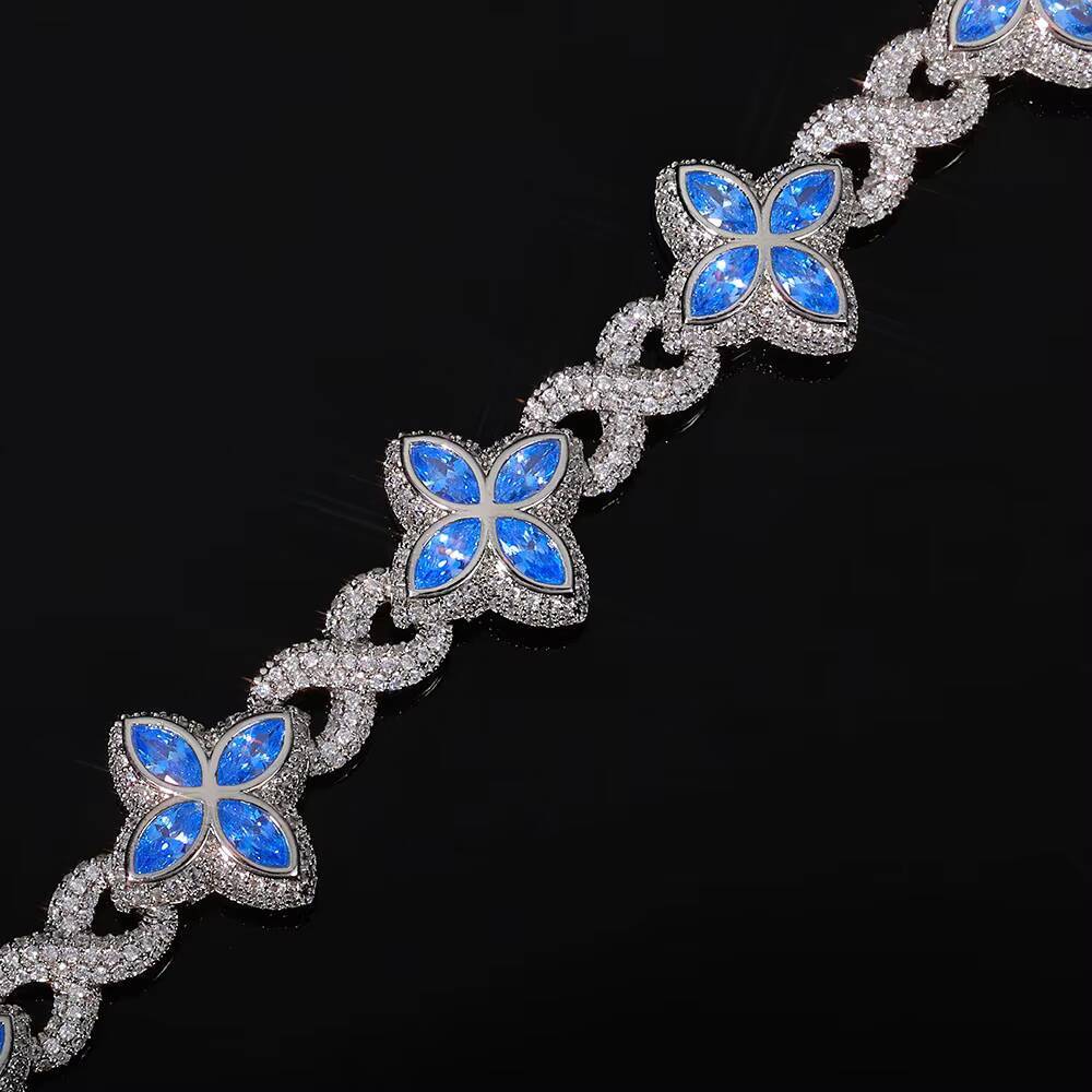 Eskeem Infinite Miami Cuban Chain Bracelet Blue Four Leaf Clover Iced Zircon Hip Hop Fine Jewelry