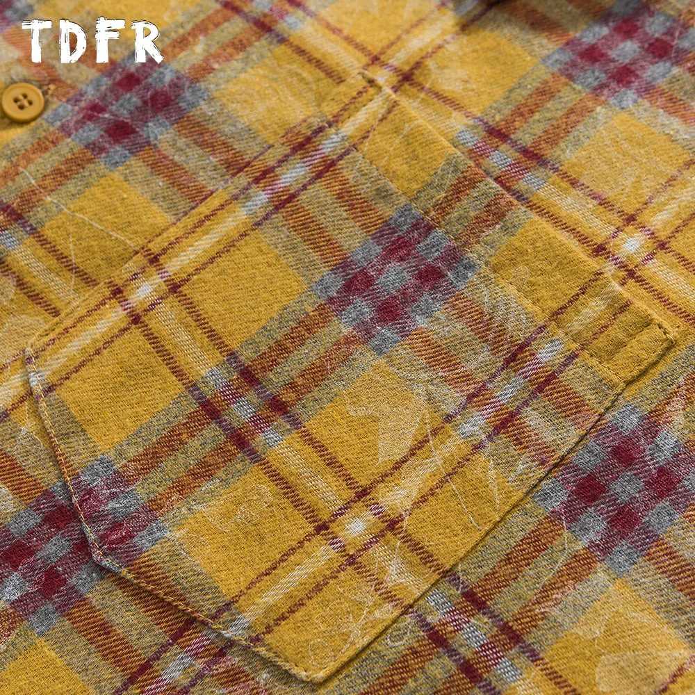 Raw Edge Plaid Long Sleeve Shirts Mens Print Autumn Retro Streetwear Pocket Lapel Single Breasted Shirts Men TopsW251127
