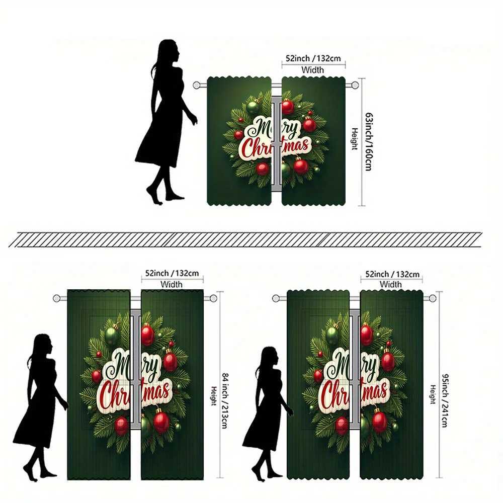 Curtain Christmas 2pcs Festive Christmas Curtains - Green with Red White Ornaments Merry Christmas Text Semi-Transparent Polyester Rod Pock Y251126
