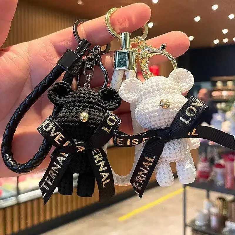 Cute Bear Chain Resin Bow Bell Rabbit Keychain Weaving Fashion Bag Pendant Holiday Car Animal Ring For Girls GiftsT251127
