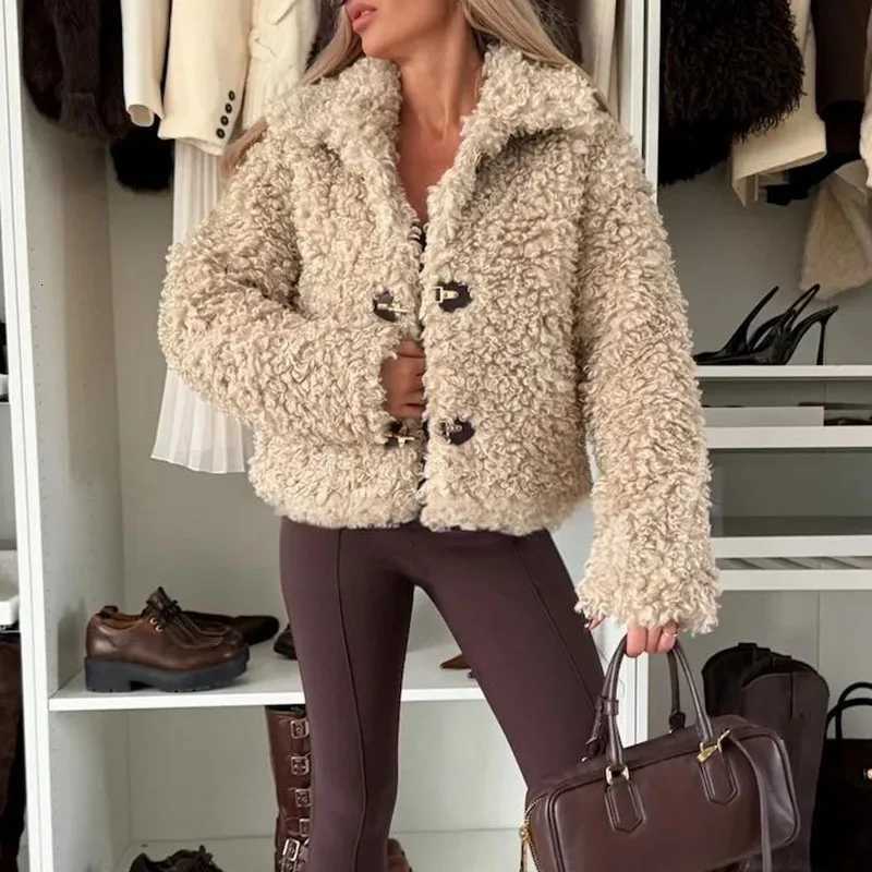 2025 Winter New Womens Lapel Collar Fleece Coat Simple Solid Color Commuter Long Sleeve Jacket Comfortable Warm Loose OuterwearXJ251127