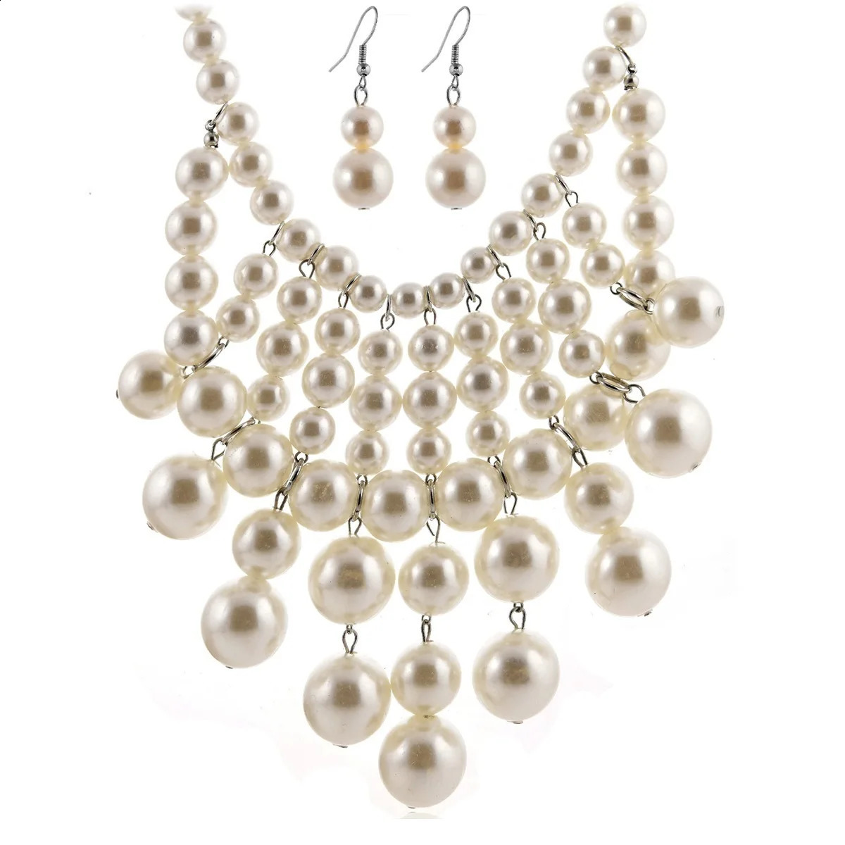 Bridal Jewelry Set Trendy Multi Layer Handmade Large Pearl Statement Necklace And Earrings Women Party Accessories 250425