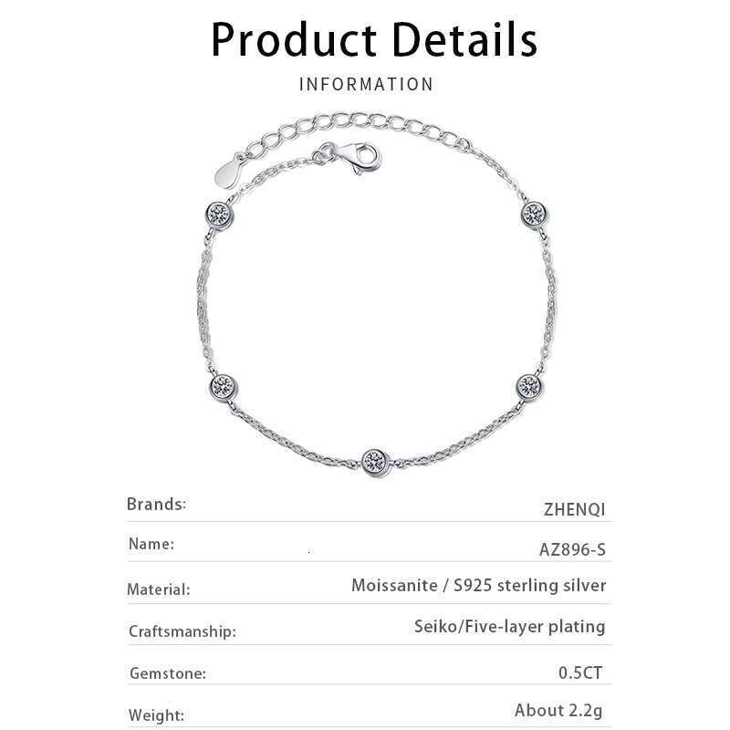 DHcollections Exquisite Jewelry, Simple 0.5ct Diatoeous Earth Chain, S Pure Sier Bracelet, Women's Adjustable Rhodium Plating