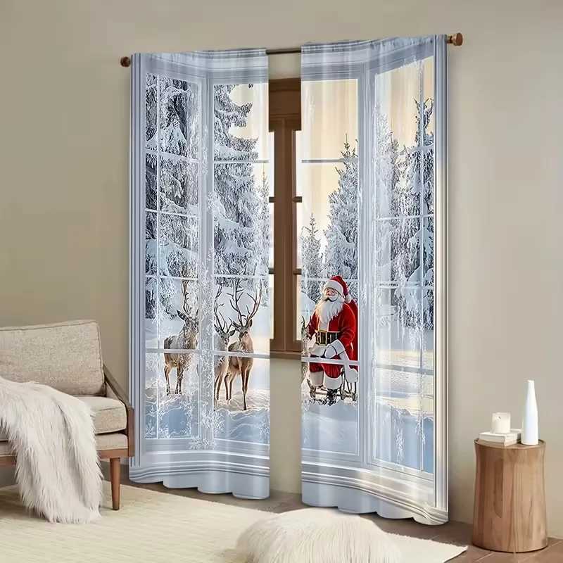 Curtain Christmas 2pcs Peaceful Santa Reindeer Pattern Curtains Serene Design Light - Filtering Polyester Curtains for Christmas Home Windows Y251126