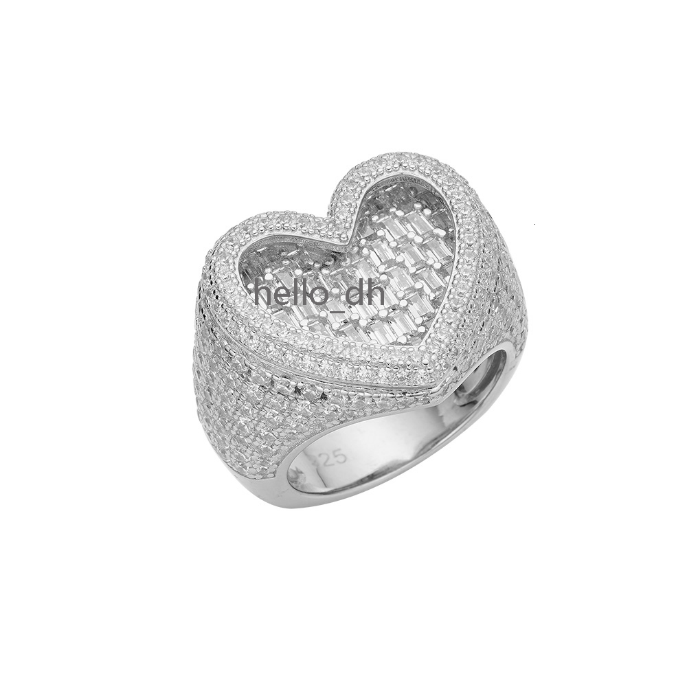 Fashion Jewelry Solid 925 Silver Iced Out Baguette moissanite Diamonds Ladies Pink 3D Heart Ring