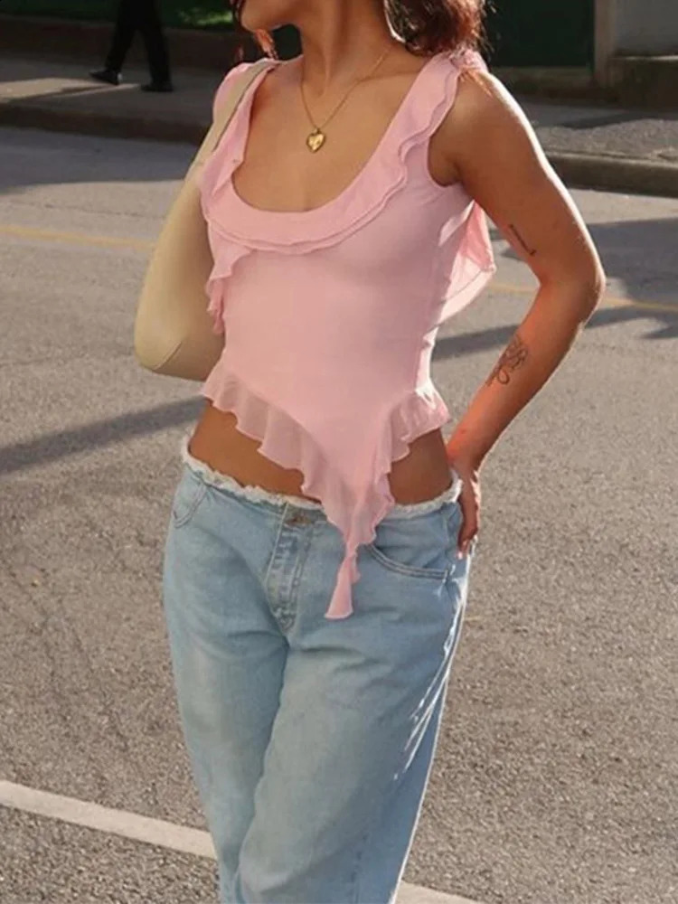 Fashionable O-neck sleeveless vest sexy pleated edge no back irregular crop top summer casual streetwear womens vest 250422