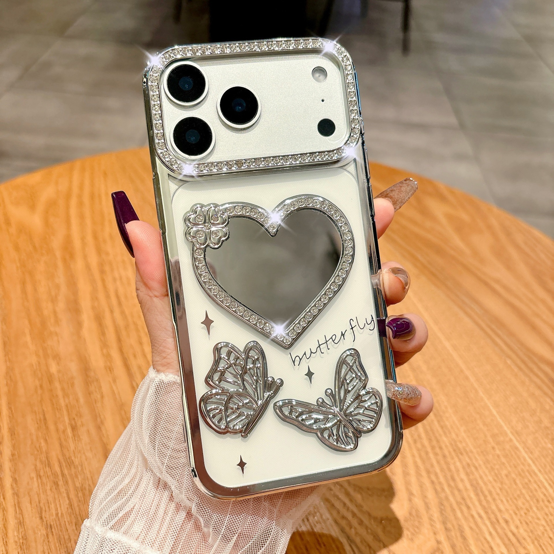 Electroplated Rhinestone Heart Mirror Butterfly Phone Case iPhone 17 Pro Max Compatible with Apple 16/15 Pro Soft Case