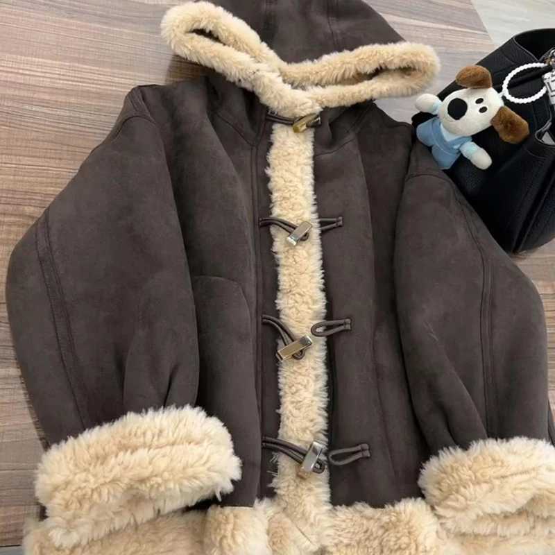 Women Vintage Hooded Jacket Winter Thick Warm Fur Collar Patchwork Casual Coats Solid Retro Loose Zipper Buttons Female OutwearXJ251127