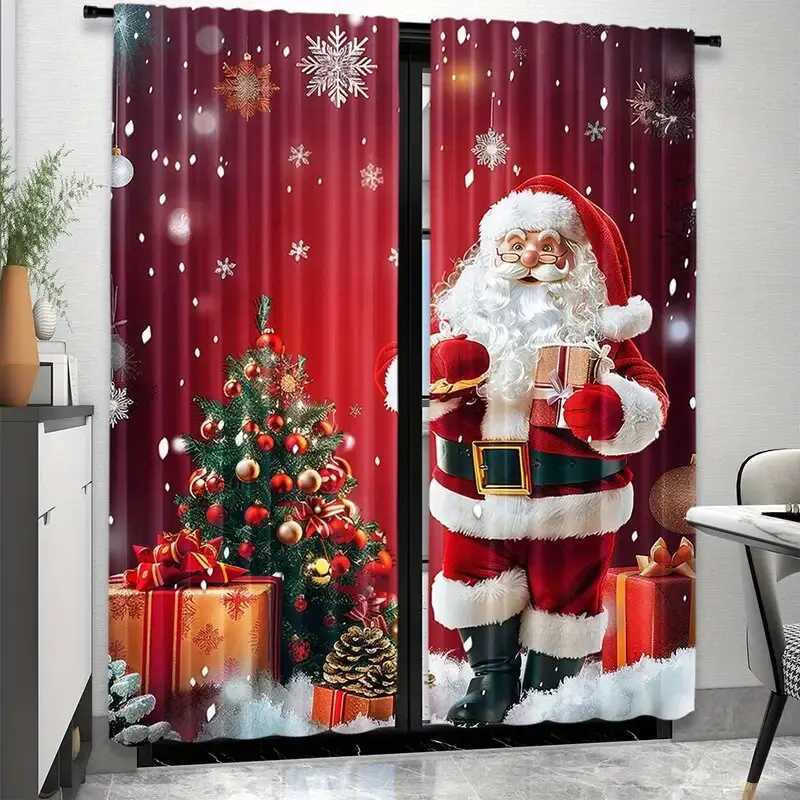 Curtain Christmas 2 pieces of Santa Claus and the Christmas tree printed curtains pole bag curtains home decoration room decoration Y251126