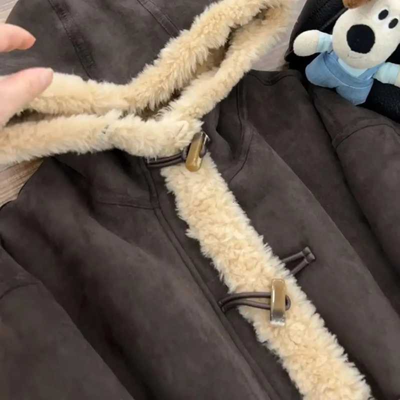 Women Vintage Hooded Jacket Winter Thick Warm Fur Collar Patchwork Casual Coats Solid Retro Loose Zipper Buttons Female OutwearXJ251127