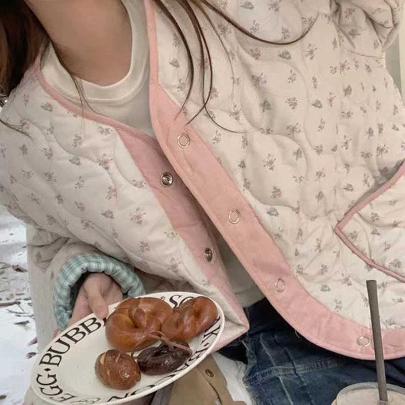 Retro floral small fresh color matching plaid cotton-padded jacket womens autumn and winter plus cotton coats on both sidesXJ251127