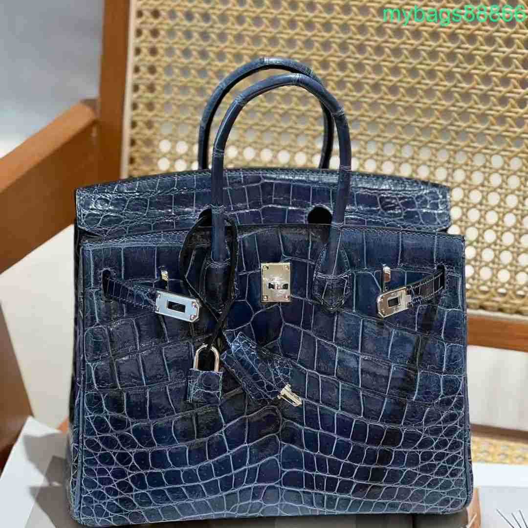 Designer Bag Tote Bags Luxury Handbag Handmade Custom H Original Baltic Deep Sea Blue Imported Bay Crocodile Silver Buckle Bright Carving Party Women bag2366
