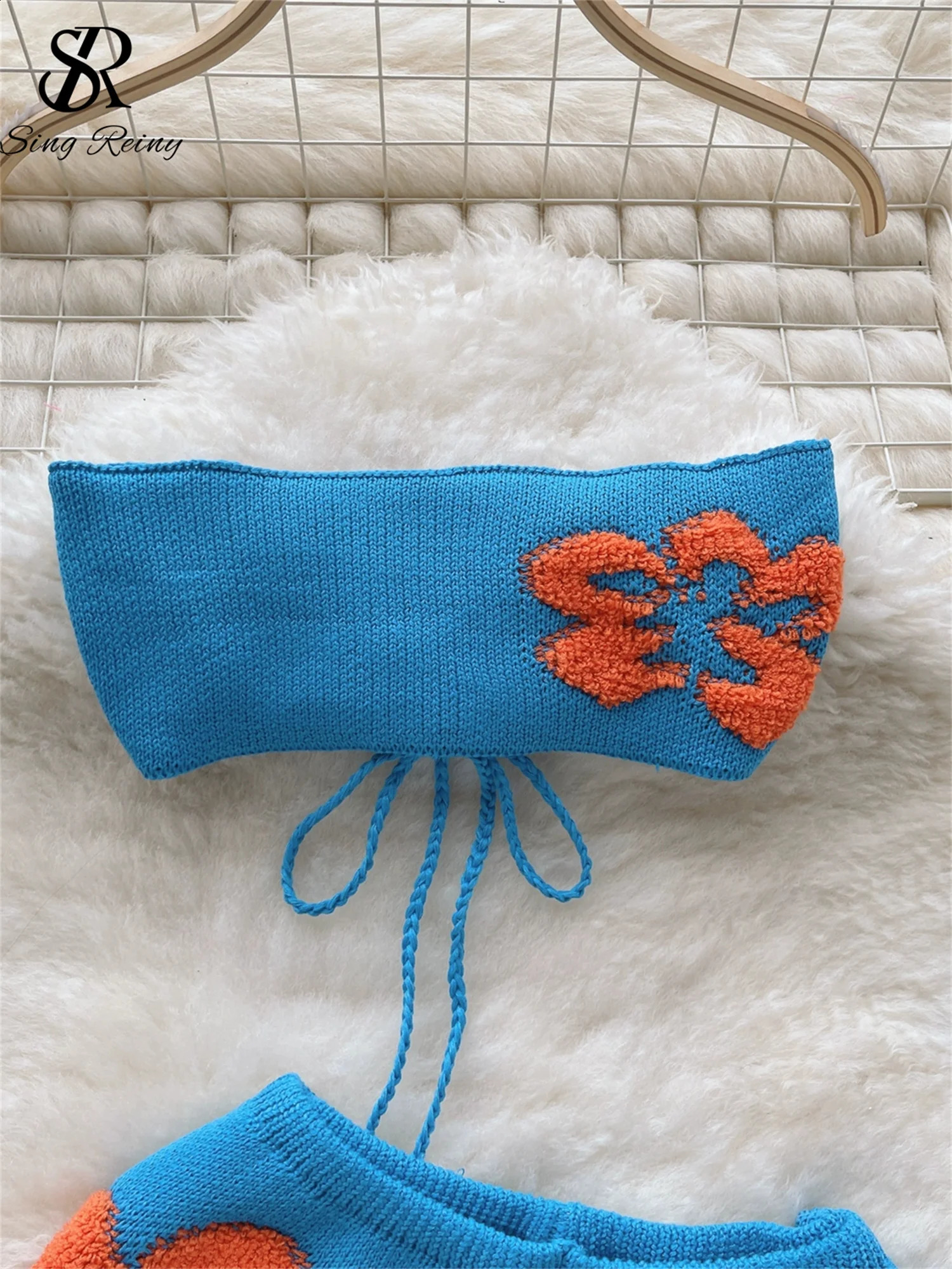 SINGREENY Bohemian Beach Style Knitted Set with Lace Bow No Back No Shoulder Strap Top and Patchwork Shorts Two Piece Set 250422