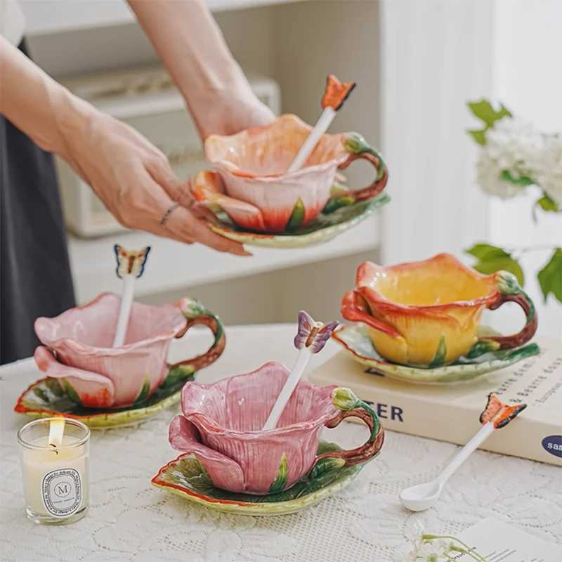 Creative Rose-shaped Ceramic Coffee Mug and Saucer Afternoon Tea Cup Floral Tea Cup Exquisite Flower-shaped Breakfast Milk Mug C251127