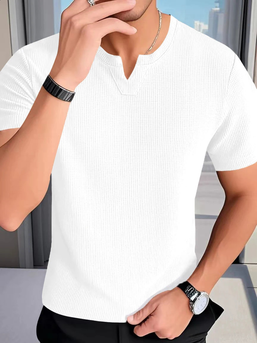 Mens casual waffle knit V-neck floral T-shirt - a must-have for summer short sleep daily leisure outings 250427