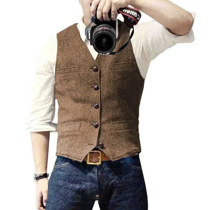 Mens Suit Vest Tweed Retro V Neck Wool Herringbone Waistcoat for Prom Single Breasted Males Dress Suit Vest Plus SizeM251127