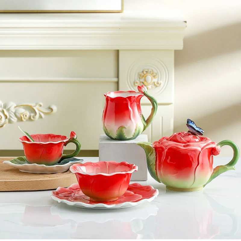 Ceramic Rose Coffee Cup Saucer Exquisite Butterfly Kettle Afternoon Camellia Flower Teacup Flower Decoration Milk Coffee Cup New C251127