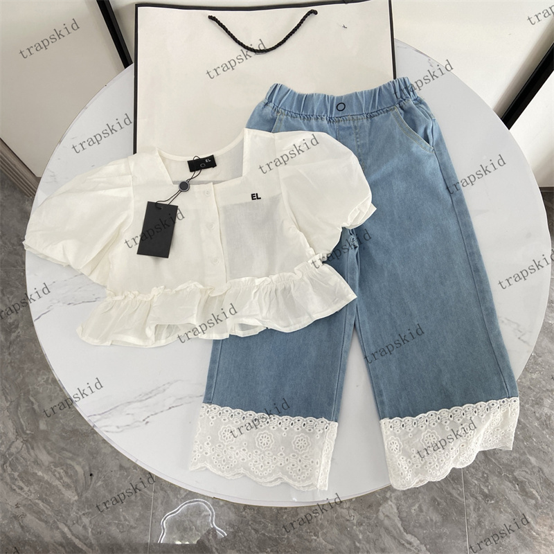 Puff Sleeve Shirts Sets For Girl Young Girls Jeans Two Set Baby Girl Designer Clothes Sweet Kids Clothing Babies Clothes With Lace