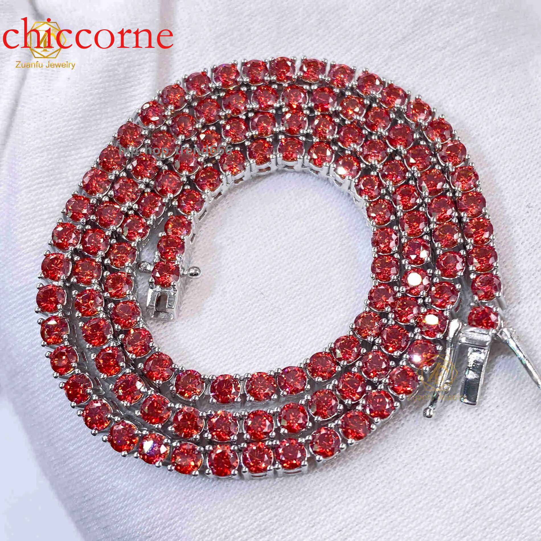 Fashion Jewelry Sier Hiphop Garnet Red Necklace Bracelet Iced Out Moissanite Tennis Chain