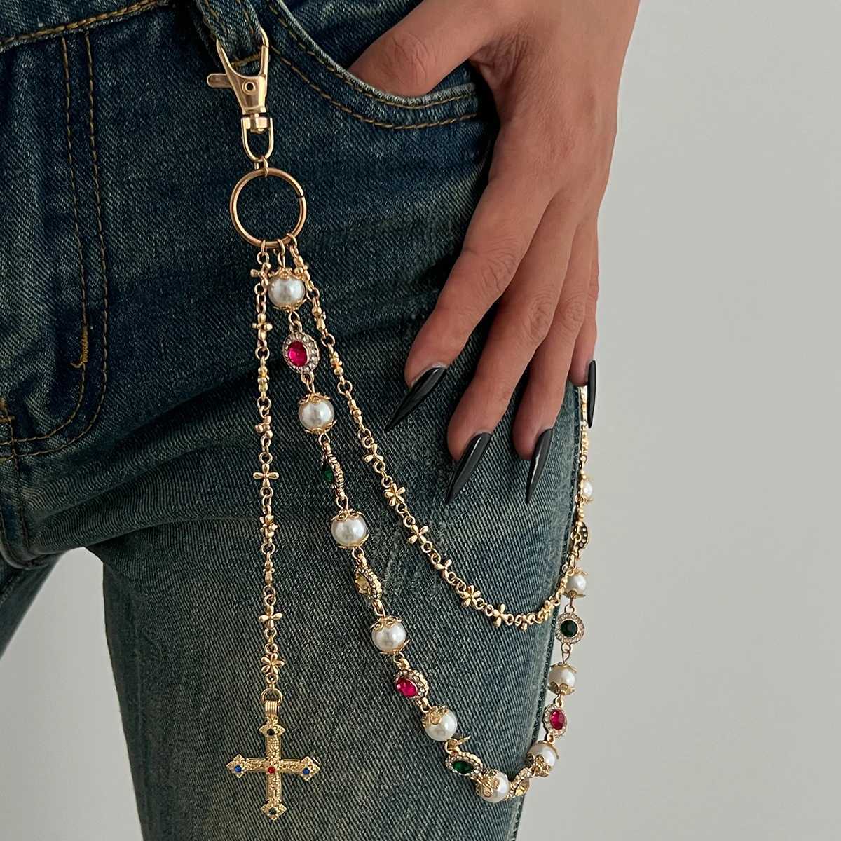 Ingemark Exquisite Luxury Imitation Pearl Acrylic Rhinestone Pants Chain Women Punk HipHop Cross Pendant Jeans Chain Men JewelryT251127