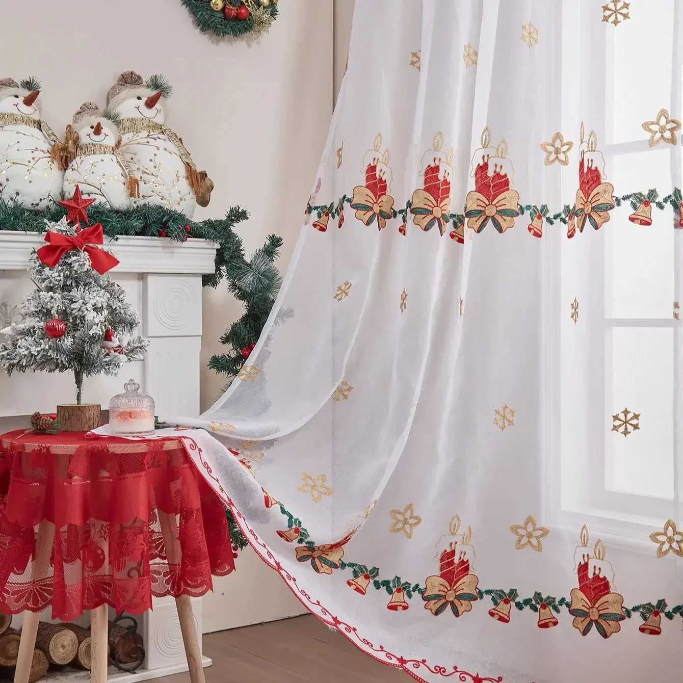 Curtain Christmas New American Christmas Tulle Curtains for Living Room Snowflake Embroidered Window Screen Sheer Yarn Decorative Y251126
