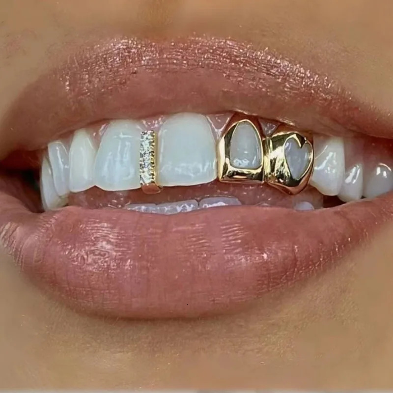 Gold Teeth Y2K Fashion Hip Hop Double Hollow Heart Braces Vintage Zircon Tooth Caps Party Cosplay Jewelry Dental Cover 251126