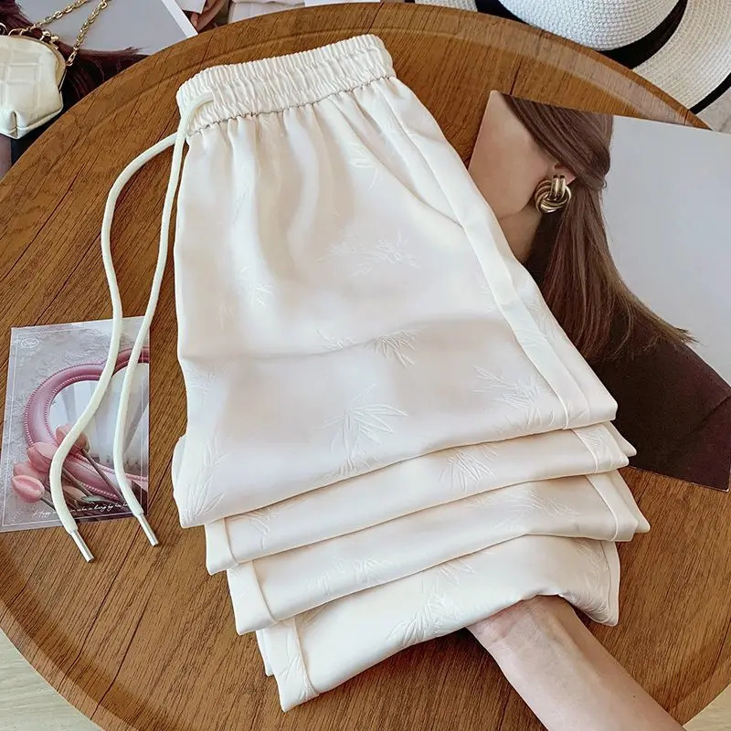 Womens Jacquard Loose Casual Pants Summer Thin Retro Solid Color Elastic Waist Wide Leg Pants 250427