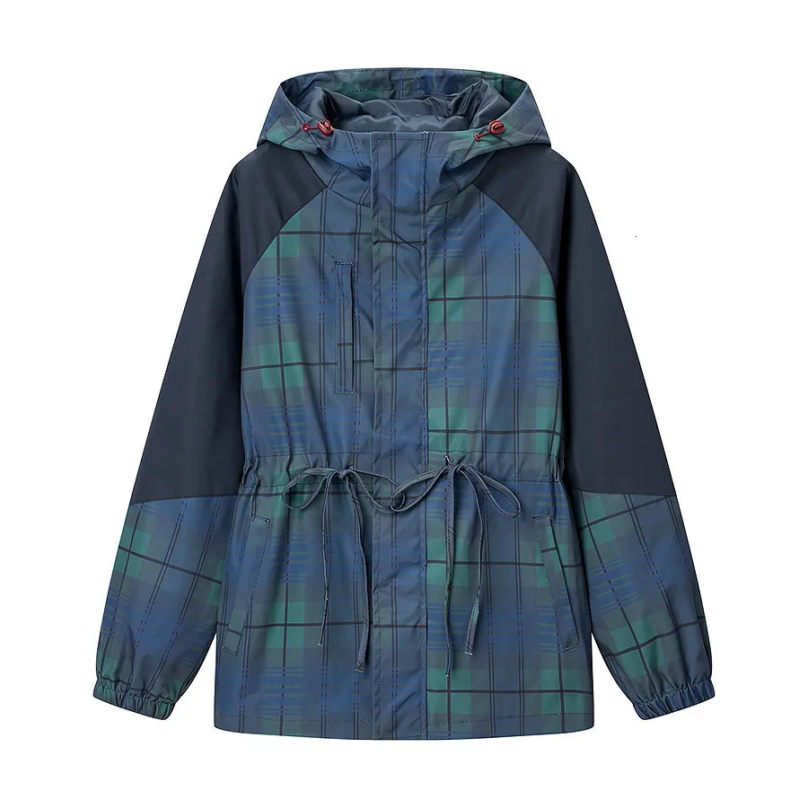 Autumn and Winter Retro Plaid Standup Collar Drawstring Waist Womens Jacket Short Fashionable Hooded Loosefit Windbreaker 251126
