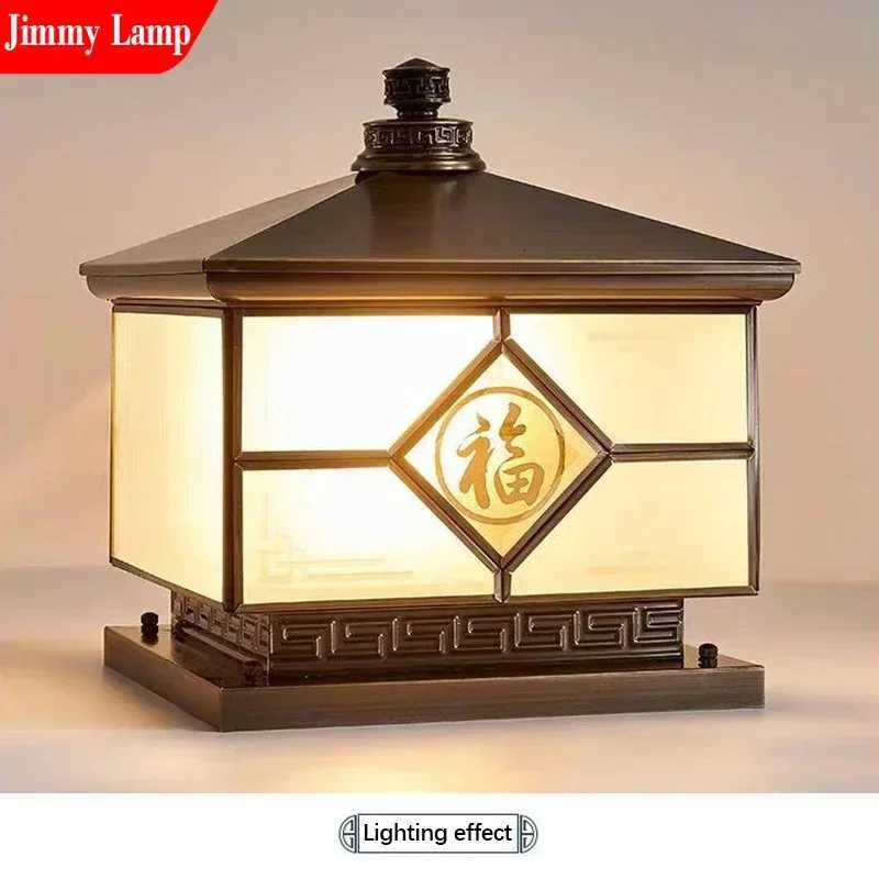Vintage Outdoor Electric Column Lamp Retro Chinese Brass Column Light LED Waterproof IP65 Villa Courtyard Wall FixtureM251127