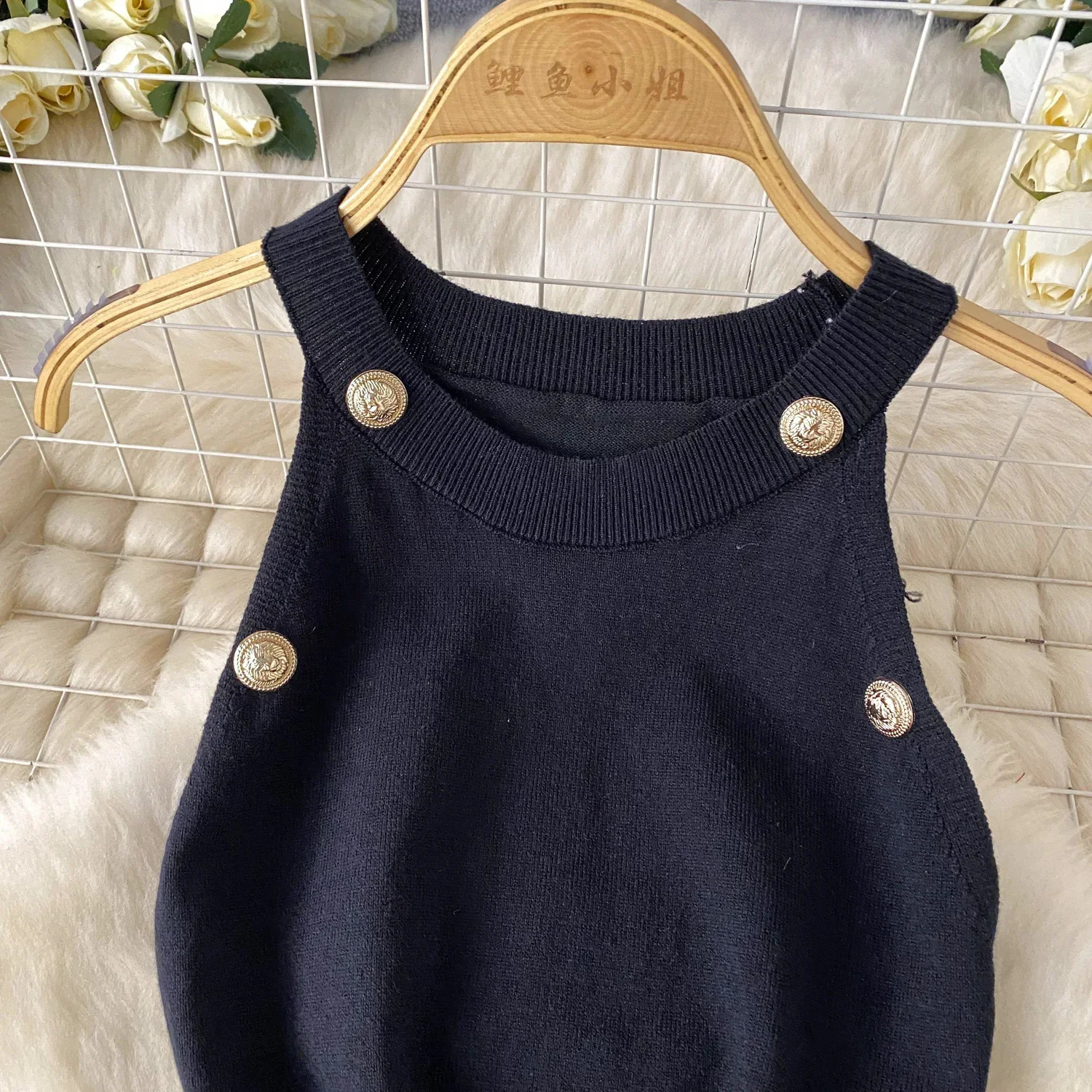 Button summer womens knitted jacket vest dress womens tight corset sleeveless mini dress 250427