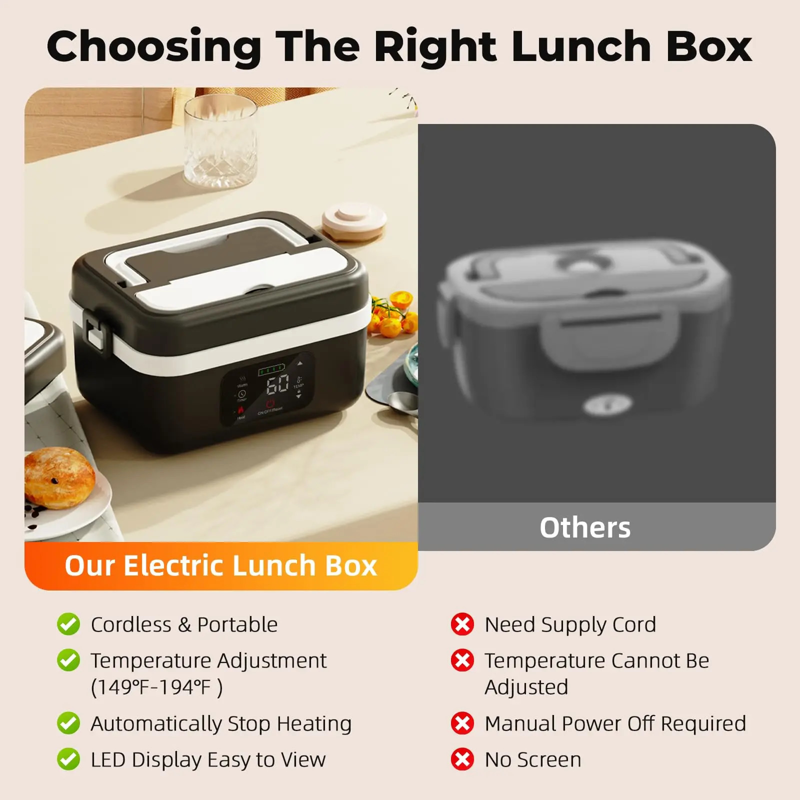 Wireless Electric Insulated Lunch Box - Built-in 8000mAh Battery 60W Heating Lunch Box 1L Stainless Steel Lunch Box Food Warmer 251126