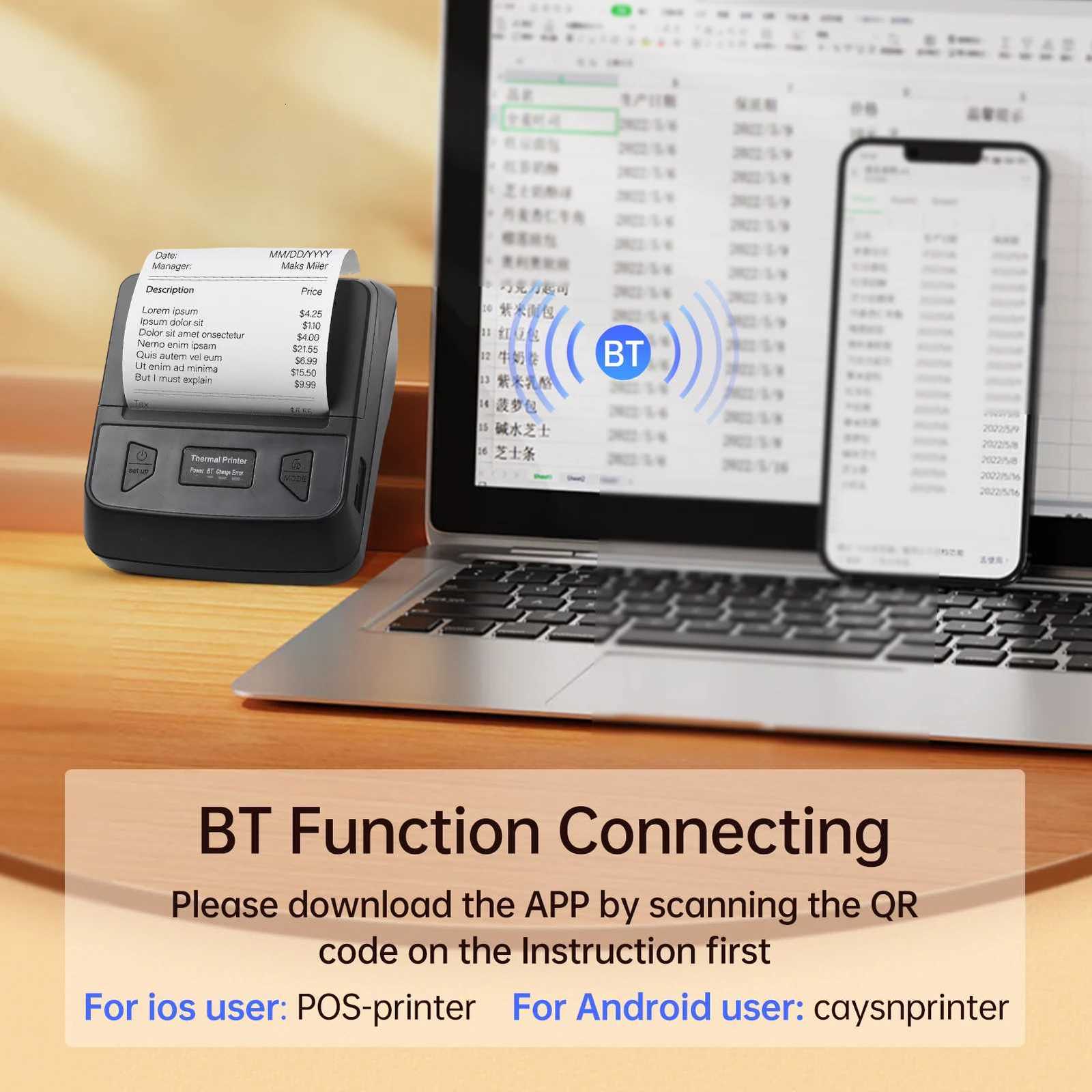 T380TS 80mm Receipt Label Printer Wireless BT Thermal Receipt Printer Mobile Bill Printer Cpatible with Android/iOS/Win System H251127