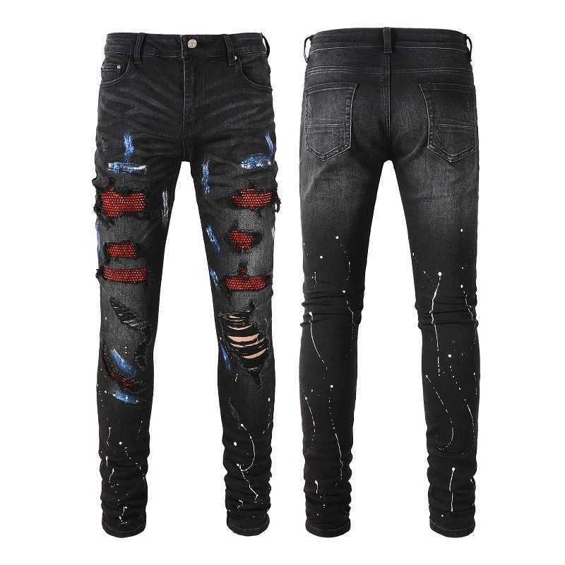 High street men's jeans with glittering rhinestones, black distressed holes, patchwork design, stretchy men's pants S251127