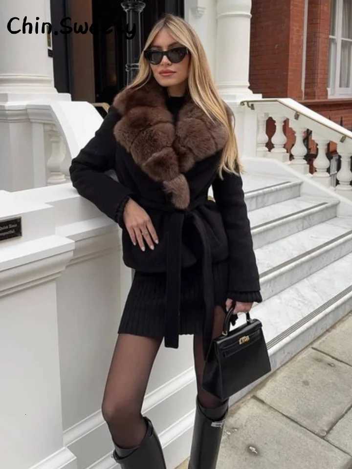 Chic Fur Collar Lace Up Woolen Coats Women Loose Solid Full Sleeve Pockets Female Jacket 2025 Autumn Lady Street Warm OutwearsXJ251127