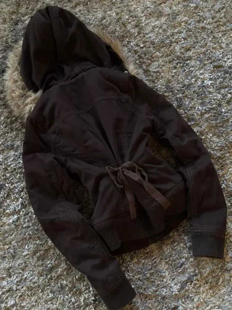 Y2k Vintage Hooded Fur Collar Jackets Autumn Winter Black Casual Womens Tops Streetwear Punk Cardigan Coat Women SweatshirtXJ251127