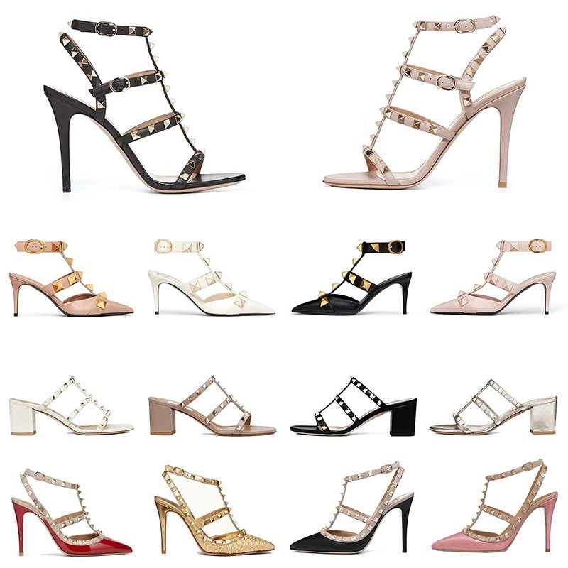 Designer high heels Fashion women dress shoes Summer Sandals womens heel leather gold platform rivet spikes peep-toes Office party Wedding size 35-42 6 8 10 cm