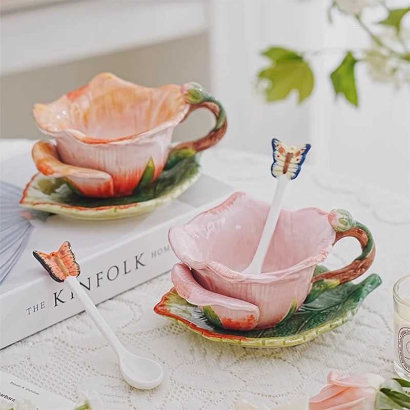 Creative Rose-shaped Ceramic Coffee Mug and Saucer Afternoon Tea Cup Floral Tea Cup Exquisite Flower-shaped Breakfast Milk Mug C251127