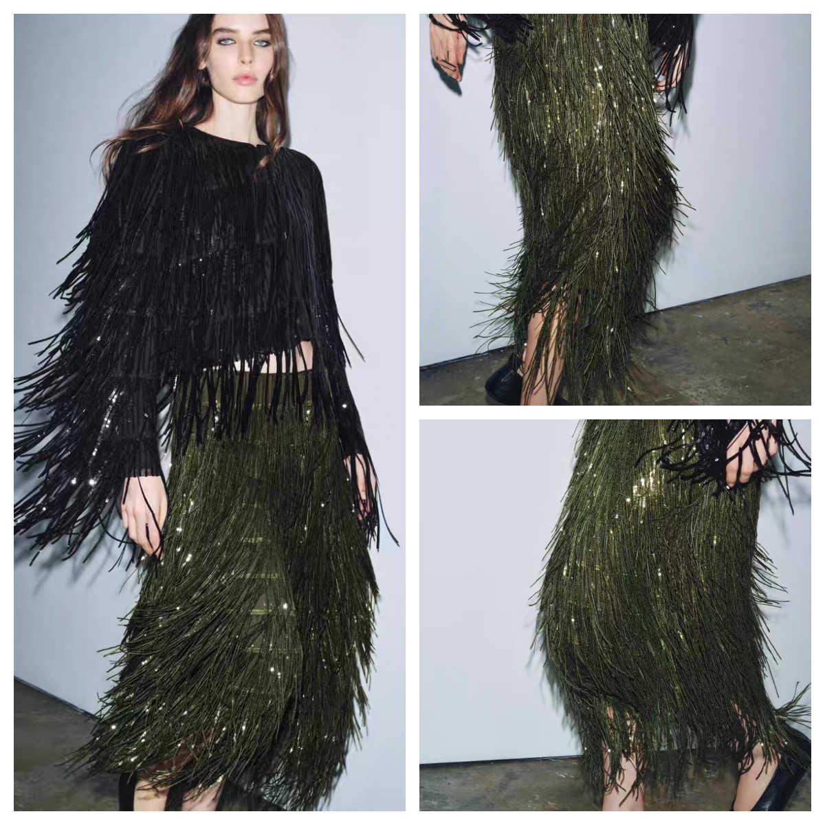 Women's Olive Green Sequin Skirts Slim Fit Straight Tube Fringe Midi Skirt Sparkly Tassel Party For Evening Club Party Festival Sexy Lady