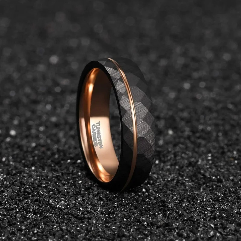 Tigrade 4mm 6mm 8mm Black Tungsten Rings for Men Women Thin Rose Gold Groove Hammered Wedding Band Ring Comfort Fit Size 5-14 250424