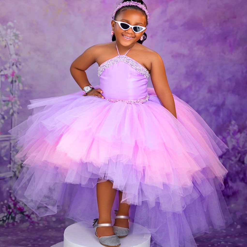 2026 Lilac Pink Ball Gown Flower Girl Dresses Halter Crystals Hi-Lo Tulle Little Girl Christmas Peageant Birthday Christening Tutu Dress Gowns ZJ422