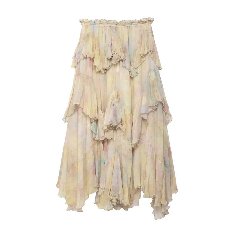 KONDALA Vintage Flower Print Long Skirts High Waist Ruffles Chiffon Skirts Fashion 2025 Autumn Boho Holiday Party Skirts 251126