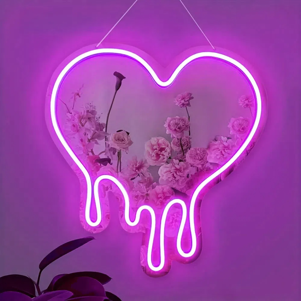 Melted Heart-shaped Neon Light Wall Mirror - Heart-melting wall decor,decorative wall mirror. Perfect for bedroom, girls' room, parties, studios,