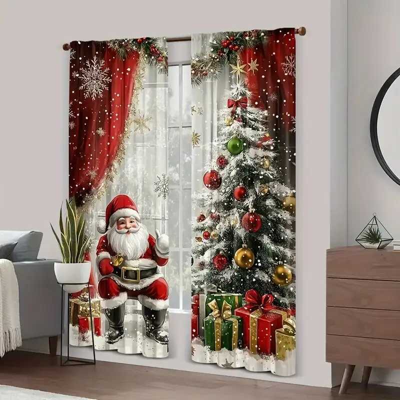 Curtain Christmas 2pcs - Christmas Santa Claus and holiday pattern printed curtains pole bag curtains home decoration room decoration Y251126