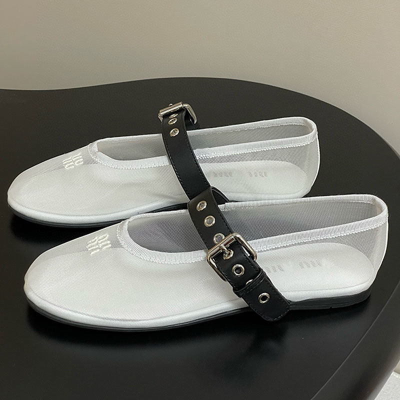 Womens Mesh Fabric Ballerinas mules 5F373E Upper Embroidered pattern screen printed insole bold strap closure Mule