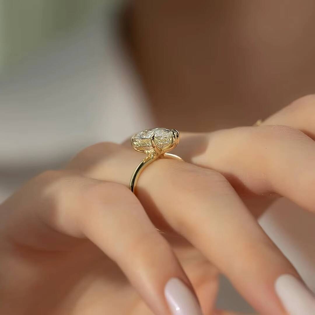 Custom 14k 18k Yellow Rose Gold Moissanite Diamond Wedding Rings 7x11mm 3ct Pear with Classic Five Claws Fine Jewelry