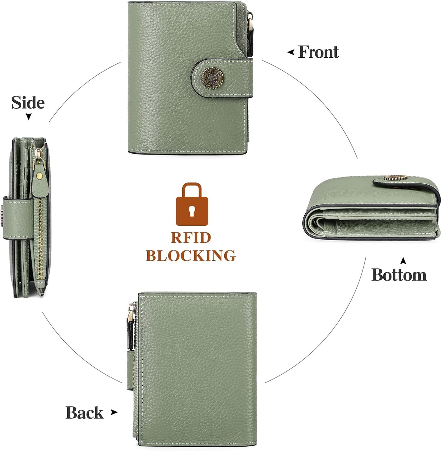 FALAN MULE Small Leather Double Fold Women's Wallet with RFID Shielding, Light Green, Compact