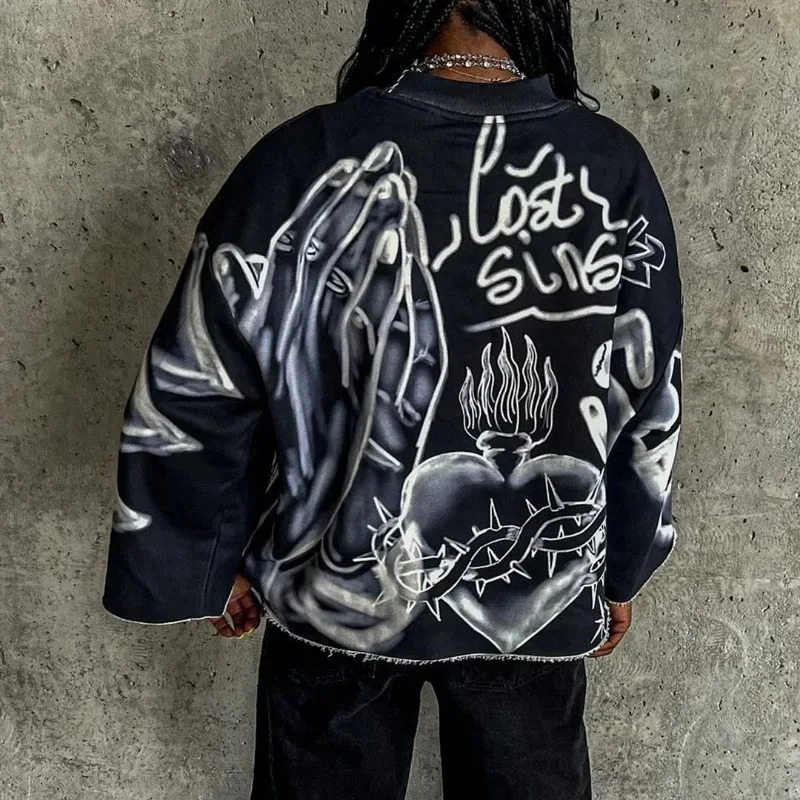 Y2k HipHop Oversized Graphic Full Print Cropped Top for Men Loose Three Quarter Sleeve Tees Retro Tie Dye Cross T Shirts Gothic 251126