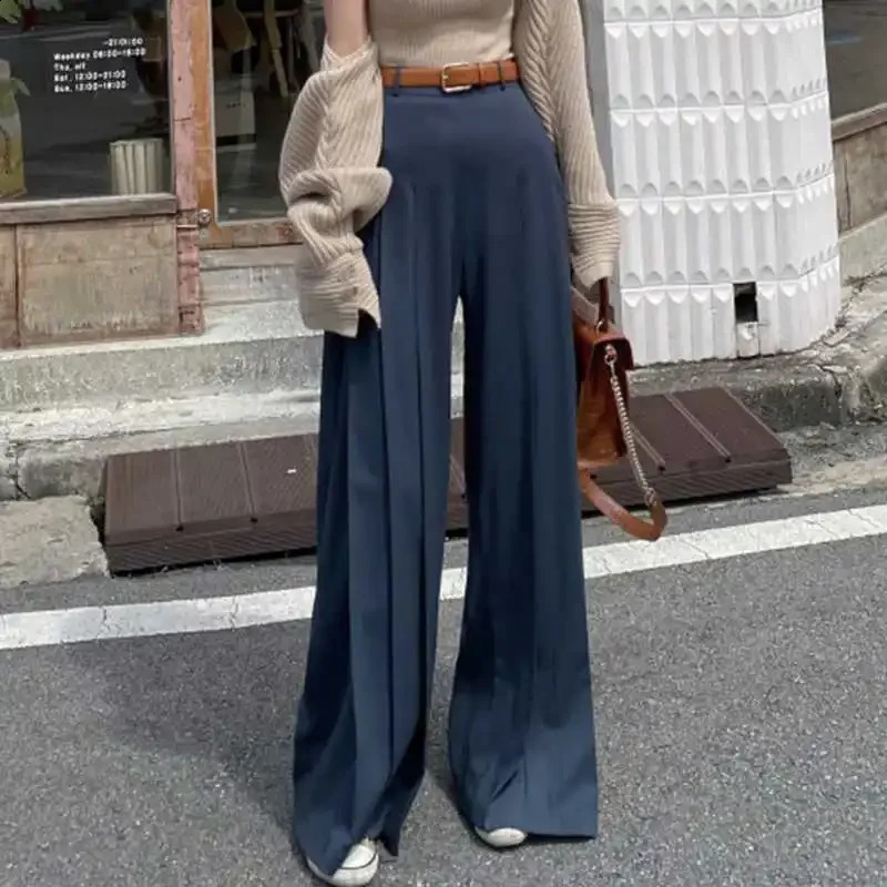 High waist wide leg loose casual pants drawstring simple style floor length straight cut suitable for women 250427